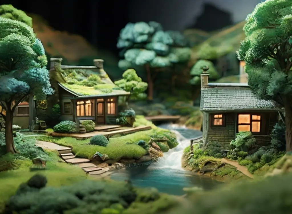 In a meticulously crafted H0 scale landscape, where fine green fibers represent grass and rivers gleam with a realistic sheen, lies a breathtaking 1:87 scale diorama. With the precision of a jeweler, this miniature scenery showcases the dedication of small-scale landscape artists who specialize in creating lifelike environments. The landscape features a spectrum of vibrant details, from the rich, deep green of rolling hills to the bright blue accents of pristine water bodies. Each element sparkles under well-placed lighting, mimicking the natural interplay of sunlight and shadow. Tiny trees with intricately detailed leaves and micro-fabricated flowers add to the realism, while carefully placed buildings and paths create a dynamic scene. The landscape is an accurate replica of a larger environment, complete with delicate textures and bold topographical features. Tiny decals and signs decorate the scene with surgical precision, and intricate touches are perfectly placed to enhance the overall aesthetic.